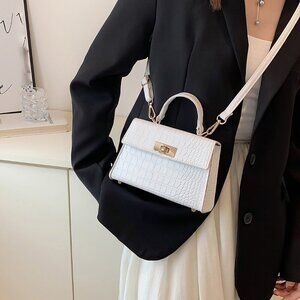 White Elegant Women's Mini Crocodile Embossed Flap Square Handbag